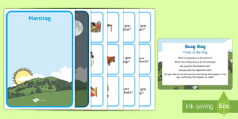 Time of the Day Busy Bag Prompt Card and Resource Pack - momring, afternoon, evening, night, day, sequencing, early maths, time sorting, table top activities