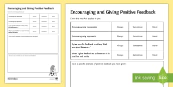 Encouraging and Giving Positive Feedback Activity Sheet - PE, KS3,KS4, Self assessment, positive feedback