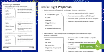 Bonfire Night Proportion Activity Sheet - guy fawkes, proportion, ratio, recipes, number, fireworks, worksheet, amount, servings