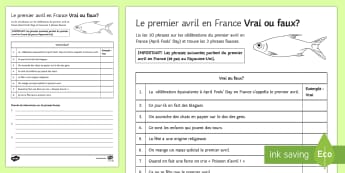 French April Fools' True or False? Activity Sheet - Poisson d'avril, April Fools Day, April Fool's Day, 1st April, 1er avril, premier avril, joke, bla