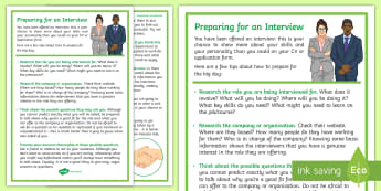 Preparing for an Interview Guide - young people, interviews, college, jobs, PSHCE, life skills