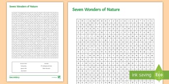 Seven Wonders of Nature Word Search Activity Sheet - Seven Wonders, Word search, Worksheet