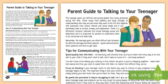 Good Communication Parent and Carer Information Sheet - talking, communicating, mental health, teenage, help, guide, parent, success, tips