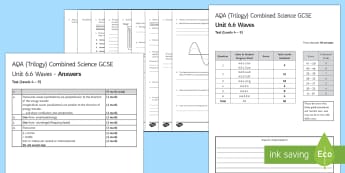 AQA (Trilogy) Unit 6.6 Waves Test - KS4 Assessment, Test, Wave, Transverse, Longitudinal, Wavelength, Electromagnetic Spectrum, Ultravio