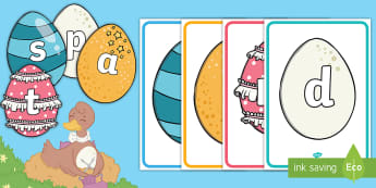 Phase 2 Phonemes on Patterned Eggs Display Posters - EYFS, Early Years, Twinkl Originals, Twinkl Fiction, Brenda, Duck, Egg, Nest, Spring, Special, Uniqu