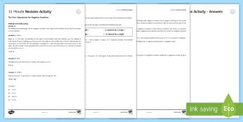 15 Minute Revision Activities: The Four Operations with Negative Numbers Activity Sheet - negative, four operations, directed numbers, positive, adding, subtracting, multiplying, dividing, i