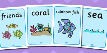 Display Posters to Support Teaching on The Rainbow Fish - The Rainbow Fish, Marcus Pfister, resources, Rainbow Fish, PSHE, PSE, octopus, shimmering scales, starfish, friendship, under the sea, sea, story, story book, story book resources, story seque