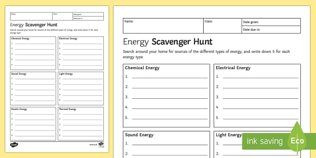 Energy Scavenger Hunt Homework Activity Sheet - Homework