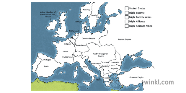 1914 Alliances Blank Map War Countries History Europe First World War