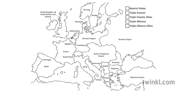 1914 alliances colour map war countries history europe