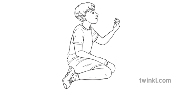 Boy Sitting Beckoning Child Person KS2 Black and White RGB Illustration