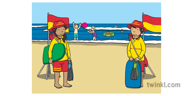 Children Swimming At The Beach With Flags And Lifeguards Illustration