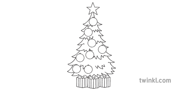 christmas tree with 8 ornaments black and white illustration