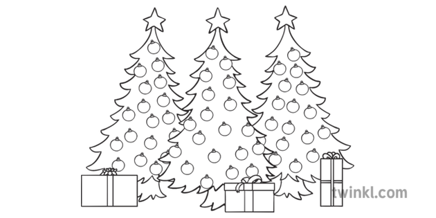 christmas trees colouring page black and white illustration