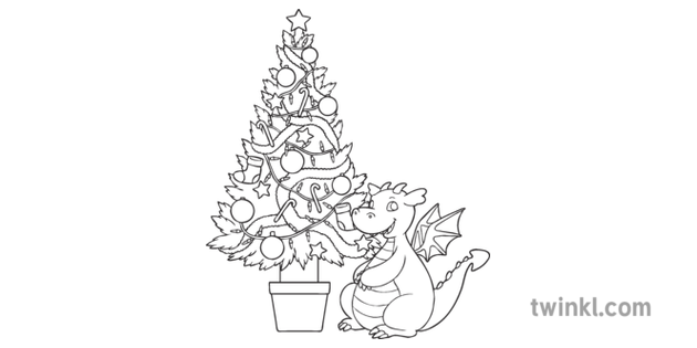 dragon next to tree colouring page christmas dragon