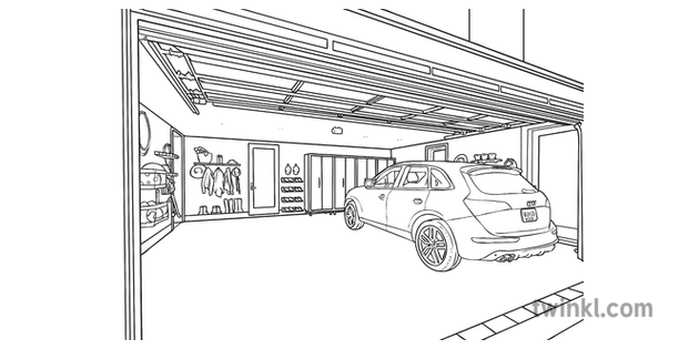 Garage With Car House Room Interior French Secondary Bw Rgb Illustration