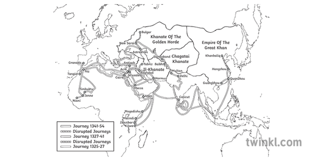 Ibn Battuta Travel Map   Ibn Battuta Explorer Map    Travel History Ibn Buttuta Explorer Map KS2 Bw RGB 