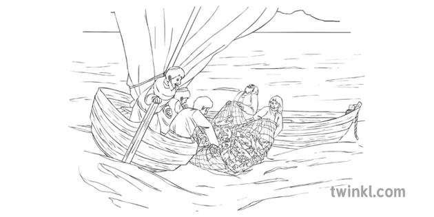 Jesus and the Huge Catch of Fish Calling Fishermen Boat People Scene RE KS2