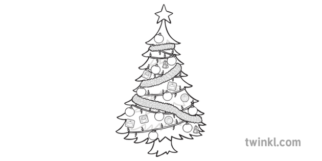 ks1 christmas tree fully decorated black and white