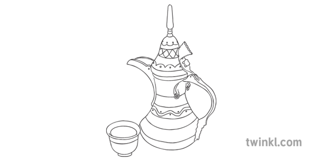 Ks1 National Day Roll And Color Worksheet English Arabic Coffee Pot Bw Rgb