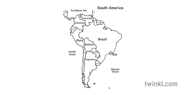 Map Of South America Showing Rio Black And White Illustration Twinkl