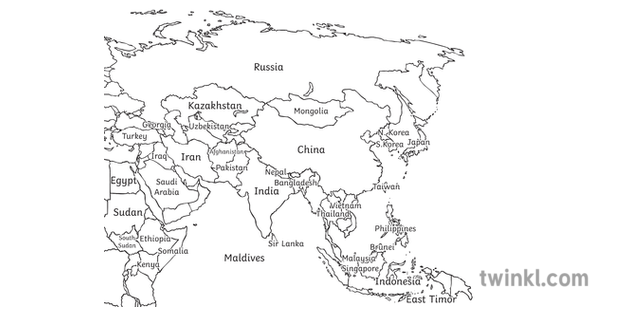 Map Of Asias Countries Asia Eastern Labels Labelled Ks3 Black And