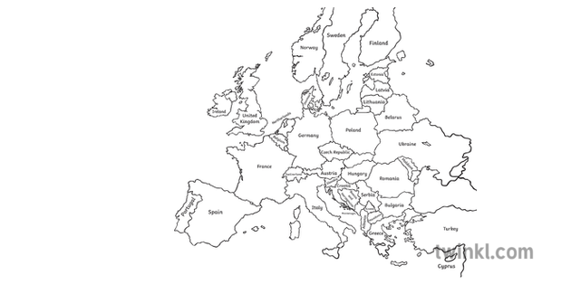 Map Of Europe Extended Geography Atlas Secondary Bw Rgb Illustration