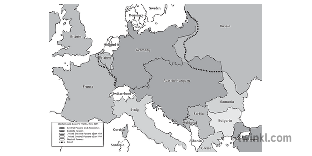 Map of Europe in 1914 Black and White Illustration Twinkl