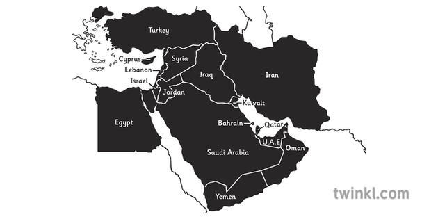 Map Of Middle East Labelled Ks2 Black And White Illustration Twinkl