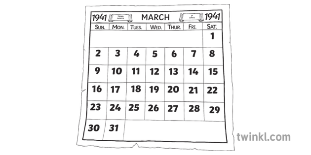 1941年3月 日曆對象 Ww2 紙張歷史記錄 Ks2 黑白rgb