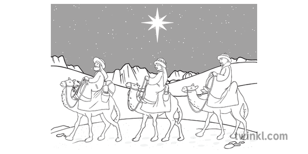 Wise Men Three Kings Riding Camels In Desert Black And White Illustration