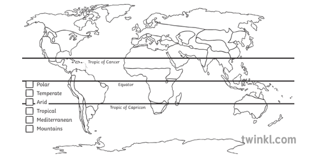 blank world map with equator and tropics World Climate Zones Blank Map Geography Ks3 Ks4 Bw Rgb Illustration blank world map with equator and tropics