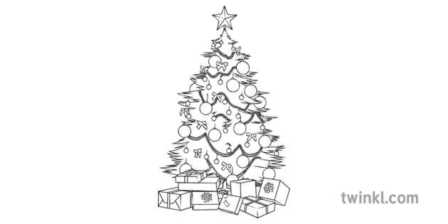 christmas tree black and white illustration  twinkl