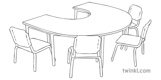 Empty Desk And Chairs 2 Black And White Illustration Twinkl