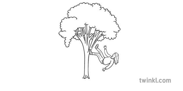 Girl Falling Out Of Tree Black And White Illustration Twinkl