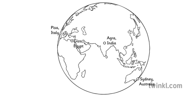 Globe Showing Sydney Giza Pisa And Agra Black And White Illustration Twinkl