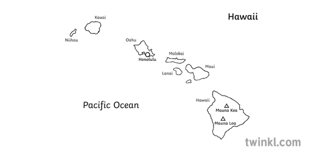 Hawaiian Islands Map Black And White Illustration Twinkl
