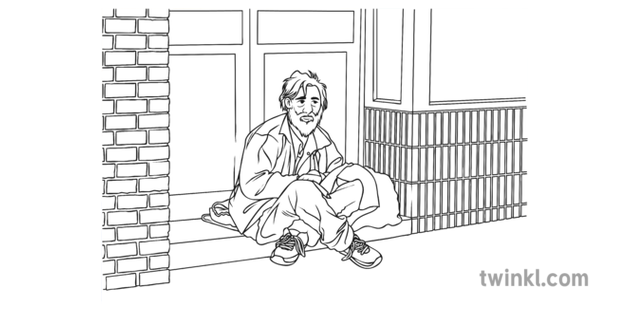 Homeless Man Sitting In Shop Doorway Black And White Illustration Twinkl