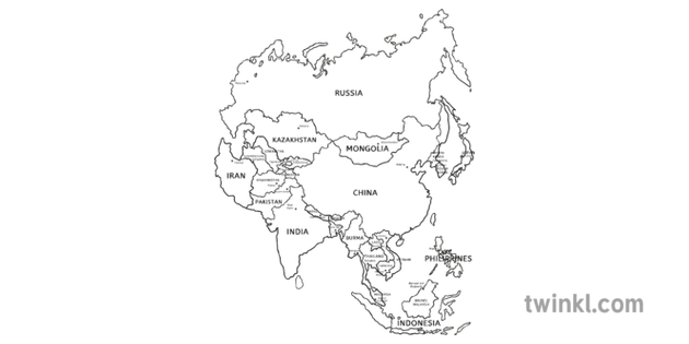Map Of Asia With Russia Black And White Illustration Twinkl