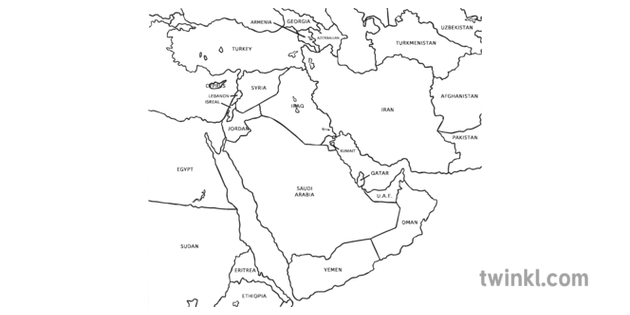 A Printable Map Of The Middle East Labeled With The Names Of Each