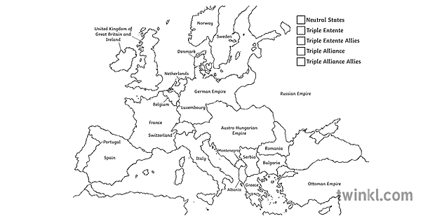 1914 alliances blank map war countries history europe first world war ...