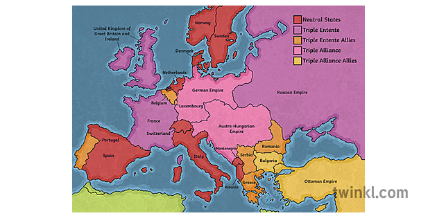 1914 Alliances Colour Map War Countries History Europe First World War