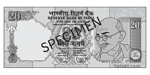 20 rupee note india money currency ks2 ks3 ks4 bw rgb