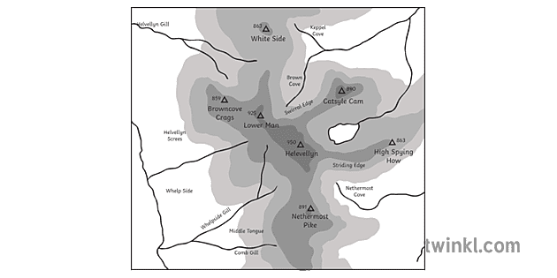 A Map Section Of Helvellyn Geography Map Secondary Bw Rgb Illustration