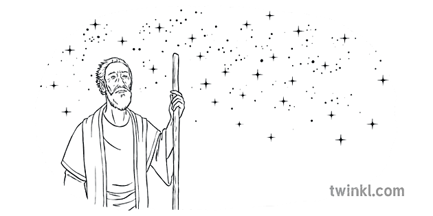 abraham melihat ke ke bintang langit hitam putih - Twinkl