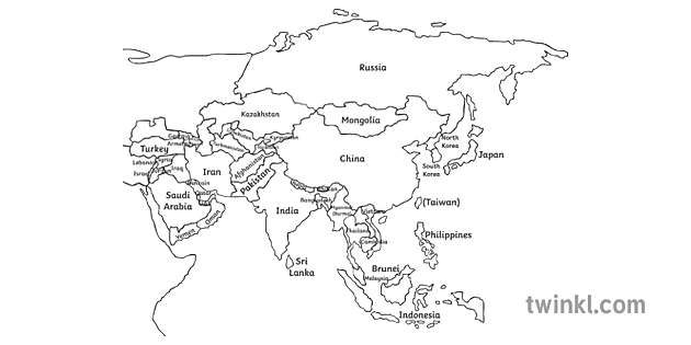 asia map continent world geography secondary bw rgb Illustration - Twinkl