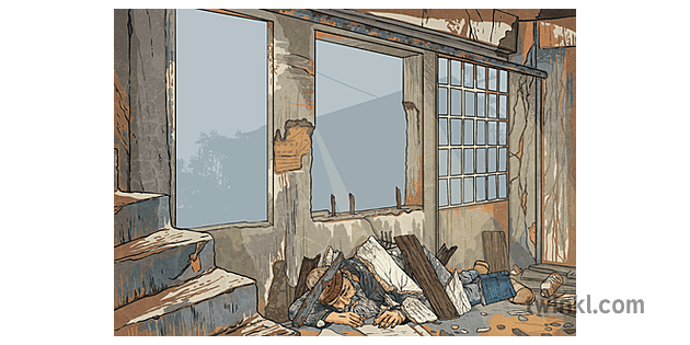 班卓琴在瓦礫遺棄的建築中自然災害龍捲風地震摧毀流浪漢無家可歸的人mps Ks2