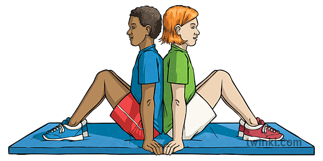लड़का लड़की लड़की बैठे बैठे पीछे पे चटाई व्यायाम ks2 Illustration - Twinkl