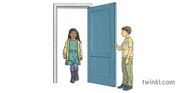 child holding door open at school