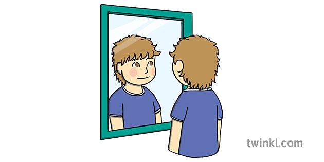Child Looking in Mirror Boy Girl Self Reflection Open Eyes KS1 Illustration  -